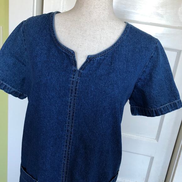 Vintage Original TY Wear Denim Midi Dress M Pocket 90s Revival Minimalist Fall - Picture 2 of 9